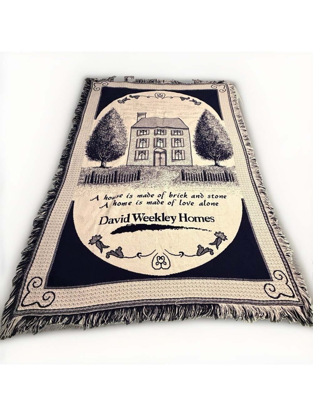 Saltbox House Primitive Home Made of Love Slate Blue Cotton Throw Blanket Fringe